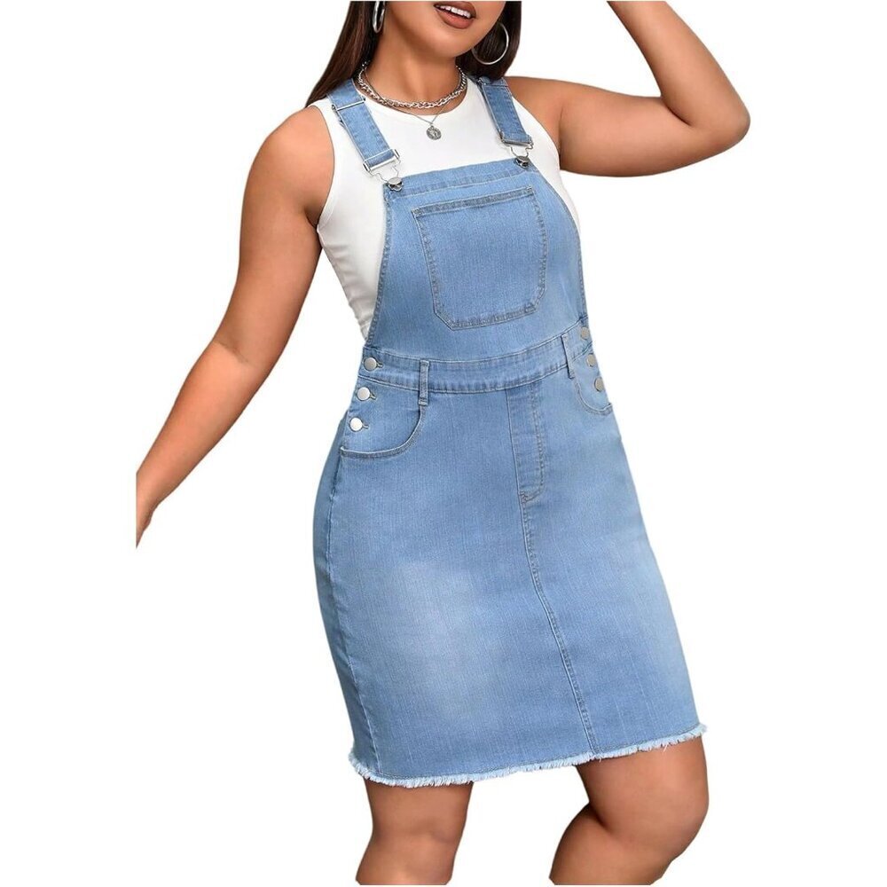 Plus Size Denim Overall Dress Light Wash Raw Hem Pockets Sleeveless Casual